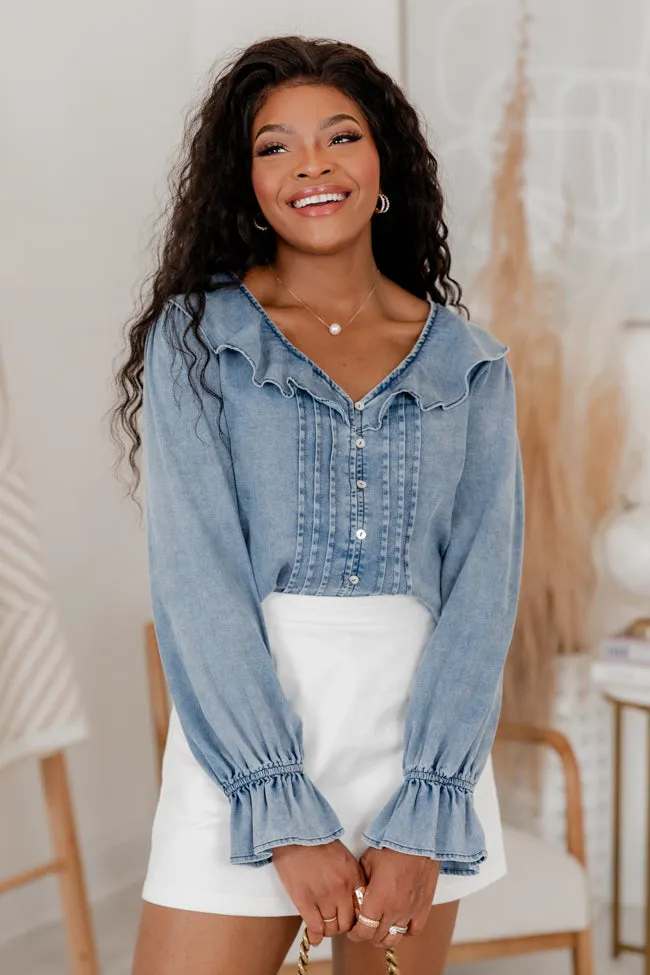 In The Details Medium Wash Chambray Ruffle Detail Top sold by Pink Lily