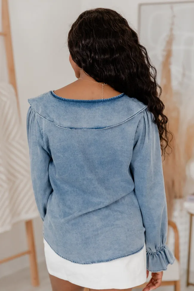 In The Details Medium Wash Chambray Ruffle Detail Top sold by Pink Lily product image thumbnail 4
