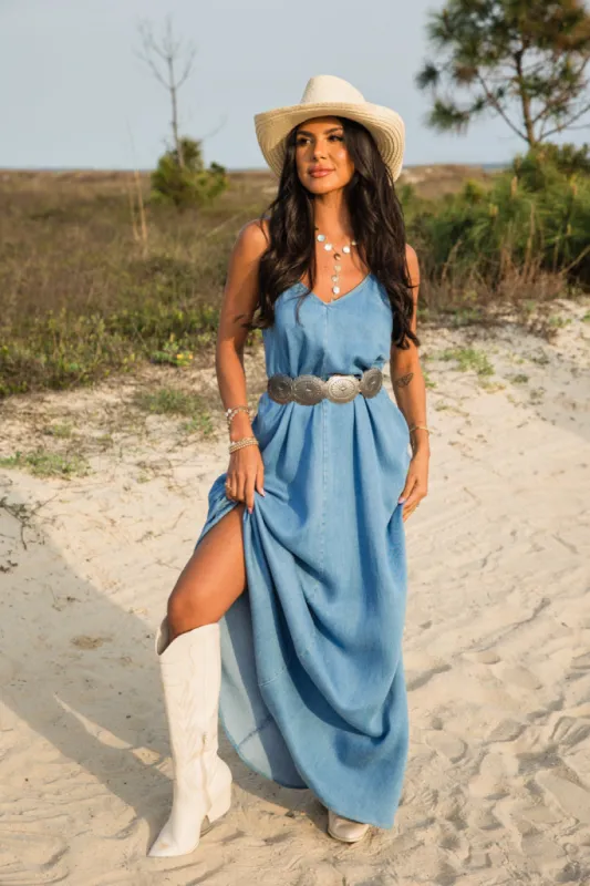World Is Your Oyster Denim Maxi Dress SALE sold by Pink Lily