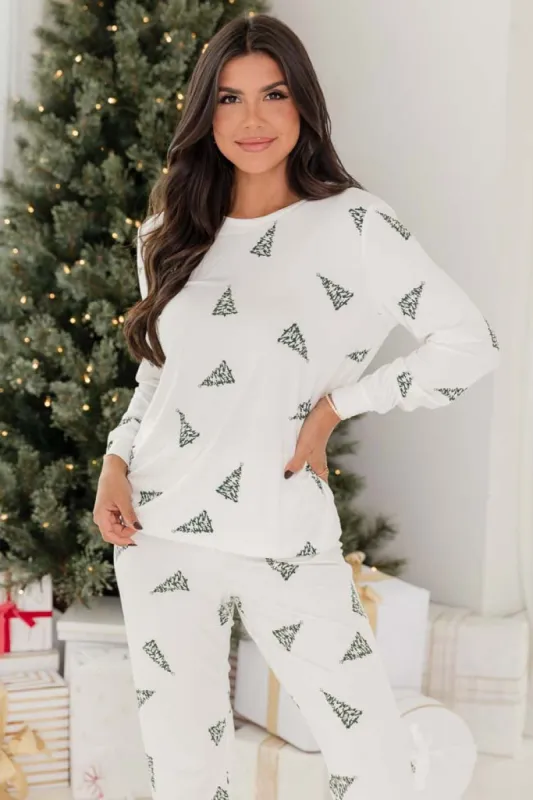 Merry All The Way Cream Christmas Tree Print Pajama Top FINAL SALE sold by Pink Lily
