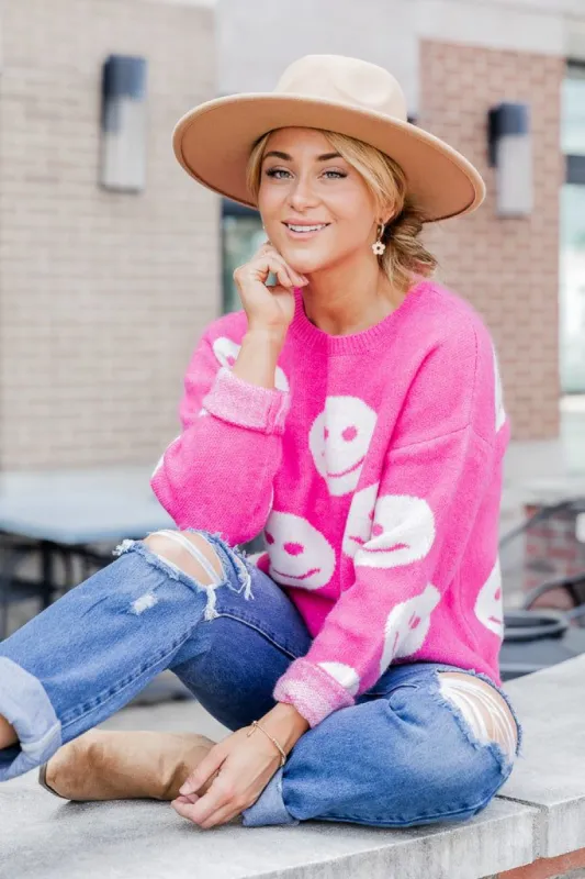 Choose To Be Happy Pink Smiley Print Sweater sold by Pink Lily