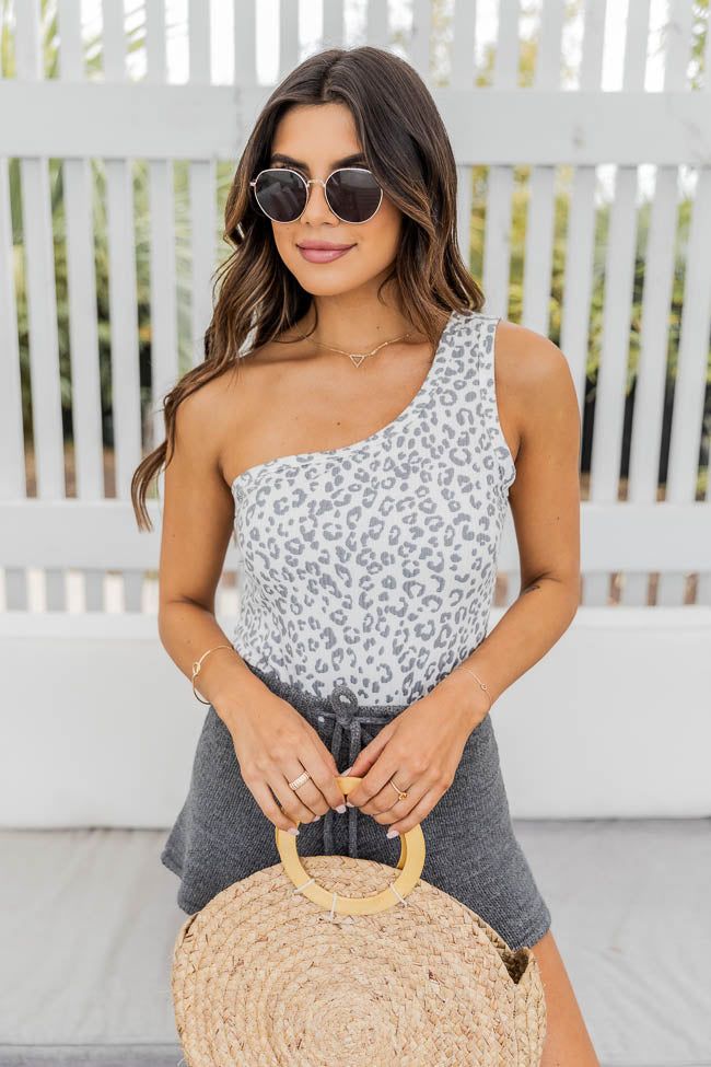 Perfect Example Ivory/Grey One Shoulder Leopard Bodysuit FINAL SALE sold by Pink Lily