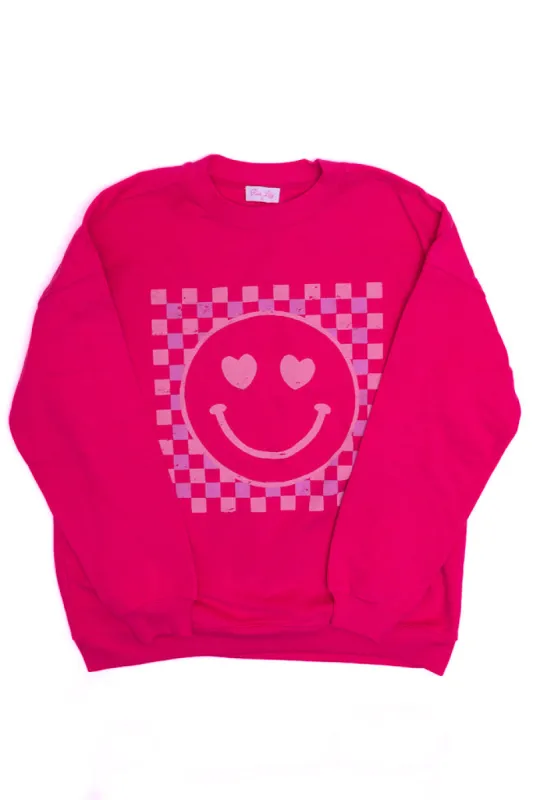 Checkered Pink Smiley Hot Pink Oversized Graphic Sweatshirt sold by Pink Lily