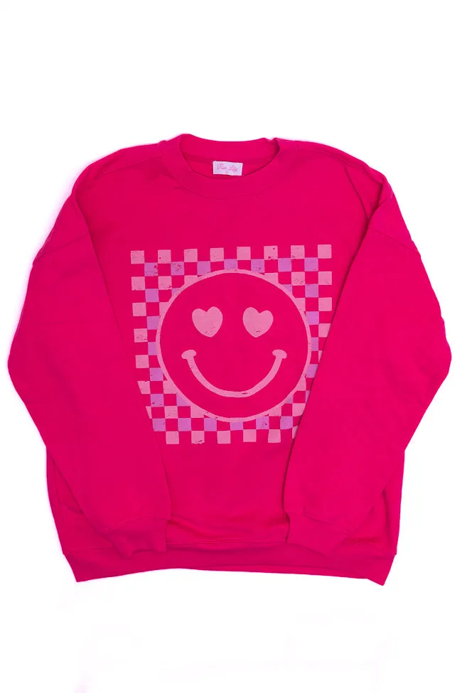 Checkered Pink Smiley Hot Pink Oversized Graphic Sweatshirt sold by Pink Lily