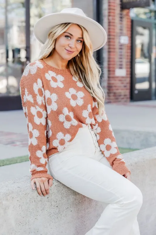 Stay Kind Camel Flower Sweater sold by Pink Lily