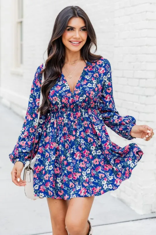 A Better View Blue Floral Long Sleeve Smocked Waist Mini Dress FINAL SALE sold by Pink Lily