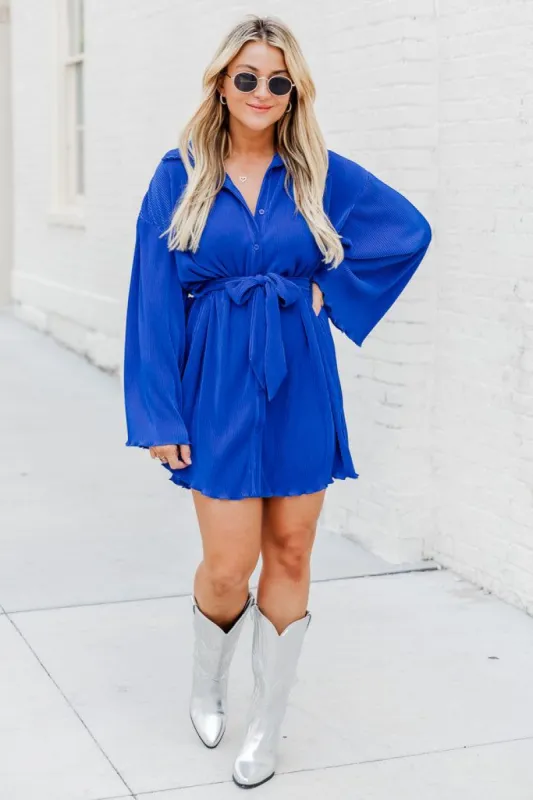 Something In The Orange Cobalt Blue Plisse Mini Button Up Dress FINAL SALE sold by Pink Lily