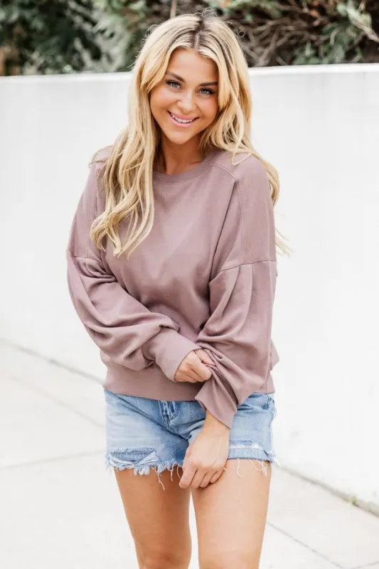 No More Drama Mocha Balloon Sleeve Pullover FINAL SALE sold by Pink Lily