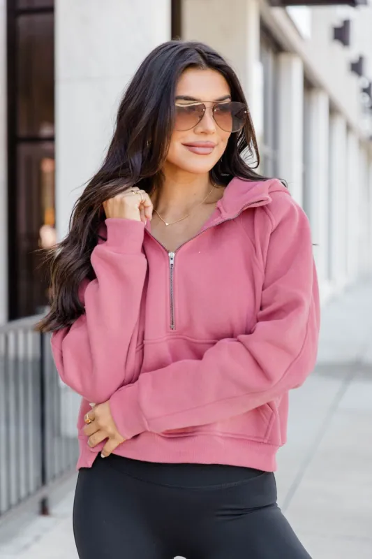 Making It Look Easy Berry Ribbed Shoulder Quarter Zip Pullover FINAL SALE sold by Pink Lily