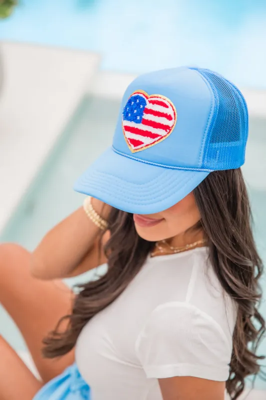 Flag Heart Patch Columbia Blue Trucker Hat made by Pink Lily