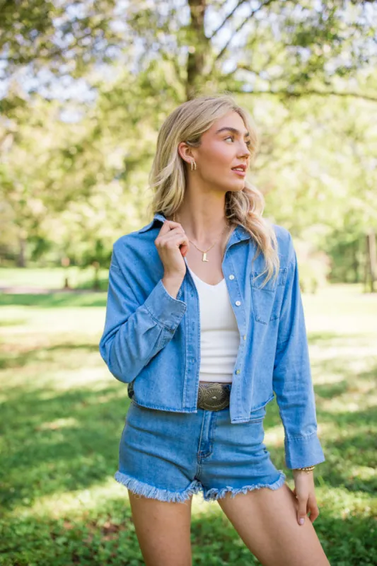 A Girl Like Me Medium Wash Cropped Chambray Blouse FINAL SALE sold by Pink Lily