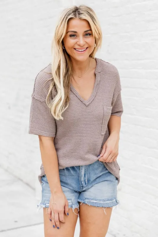 Better This Way Mocha Waffle Notched Neck Blouse FINAL SALE sold by Pink Lily