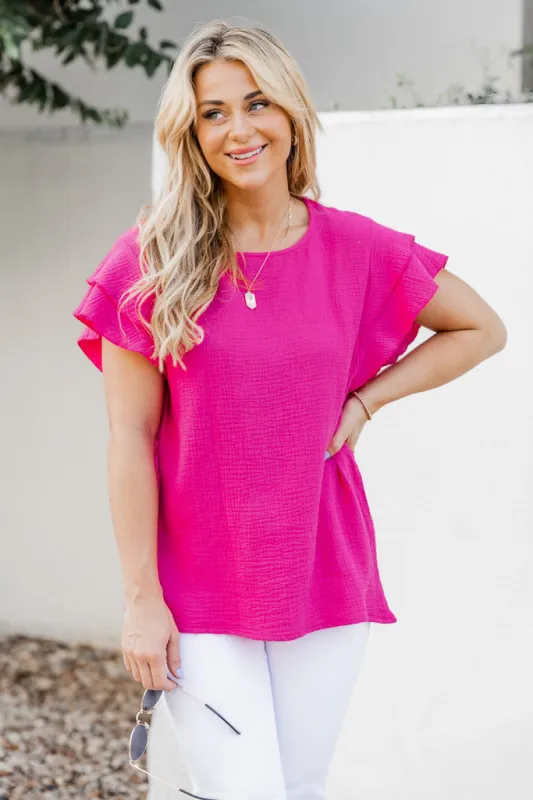 Don't You Worry Hot Pink Gauze Flutter Sleeve Blouse FINAL SALE sold by Pink Lily