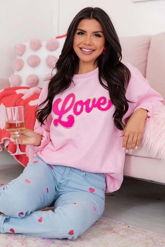 Love Script Chenille Patch Light Pink Oversized Graphic Sweatshirt FINAL SALE sold by Pink Lily product image thumbnail 4