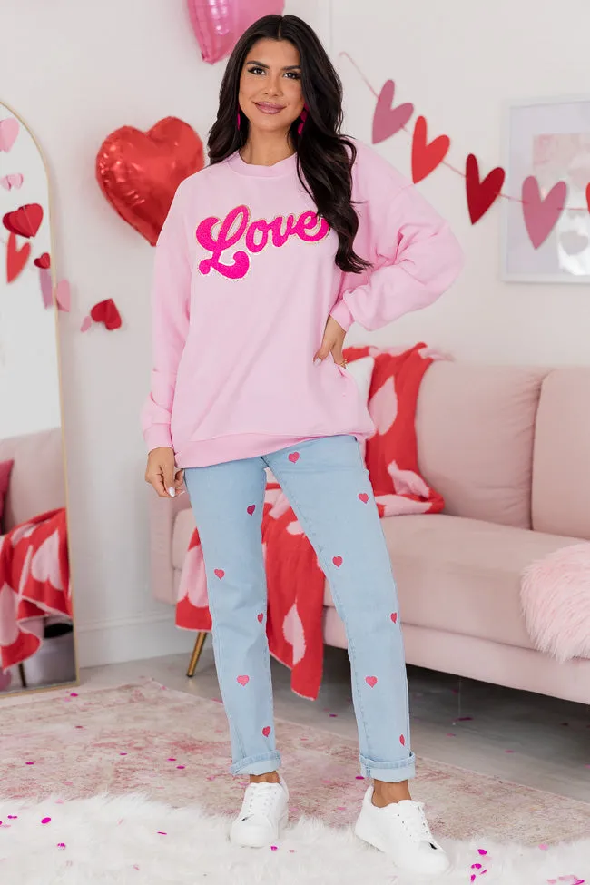 Love Script Chenille Patch Light Pink Oversized Graphic Sweatshirt FINAL SALE sold by Pink Lily product image thumbnail 2
