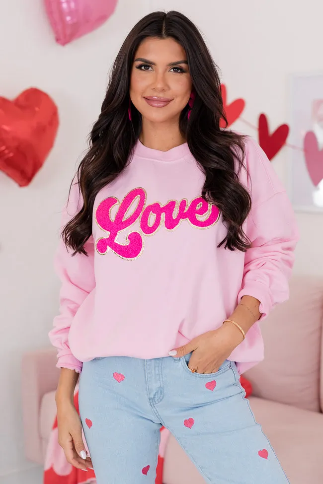 Love Script Chenille Patch Light Pink Oversized Graphic Sweatshirt FINAL SALE sold by Pink Lily