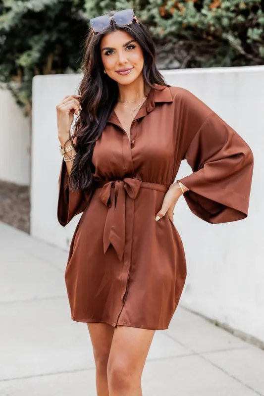Stay With Me Brown Collared Button Up Satin Mini Dress FINAL SALE sold by Pink Lily