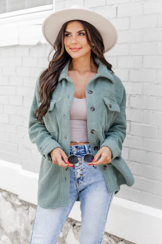 Wonderful Soul Olive Sherpa Shacket sold by Pink Lily