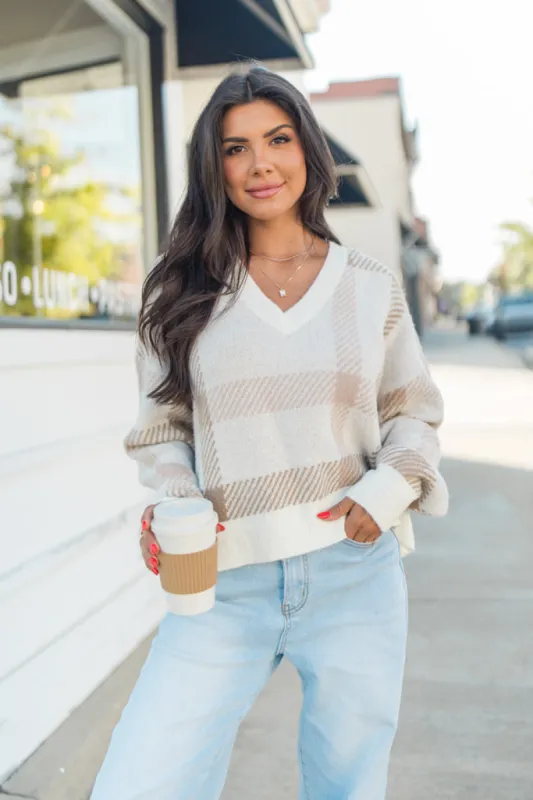 By The Book Brown Plaid V-Neck Sweater sold by Pink Lily