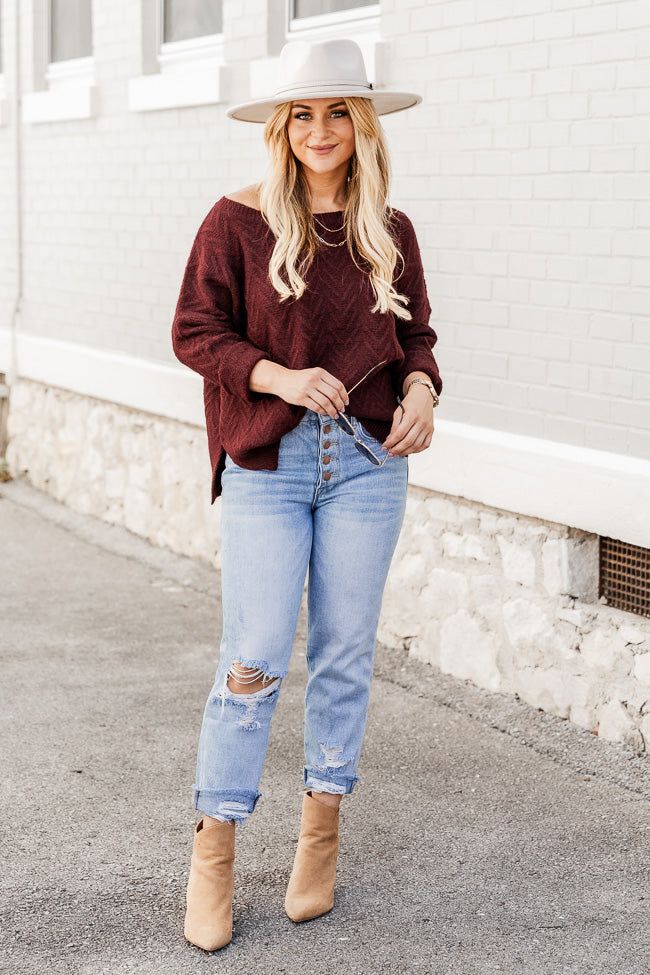 Candid Feelings Burgundy Boat Neck Textured Sweater FINAL SALE sold by Pink Lily product image thumbnail 2