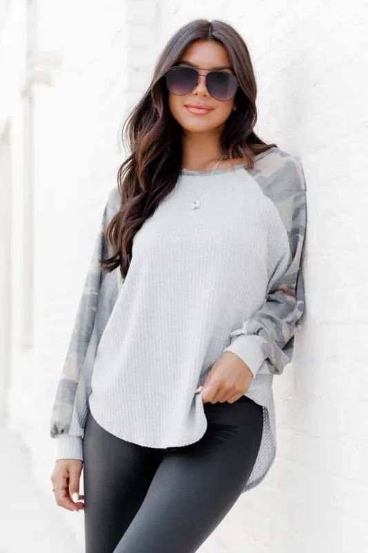 This Is Why Heather Grey Waffle Knit Camo Contrast Sleeve Blouse FINAL SALE sold by Pink Lily