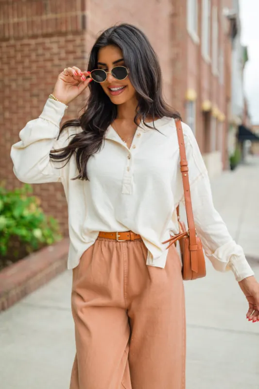 Like Me Again Cream Contrast Stitch Henley FINAL SALE sold by Pink Lily