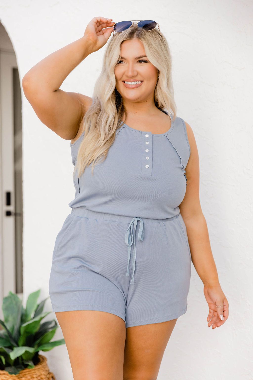 Sky Is The Limit Light Blue Knit Romper FINAL SALE sold by Pink Lily