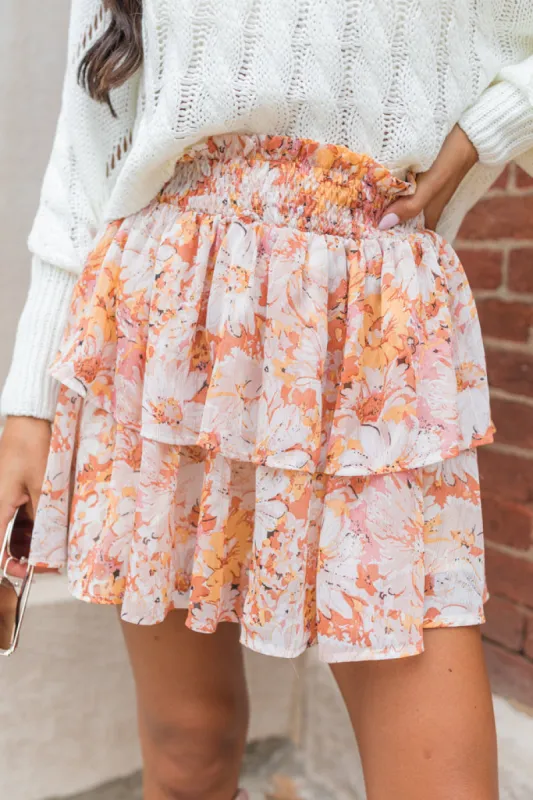 Summer Breezy Beige And Mustard Floral Tiered Skort sold by Pink Lily
