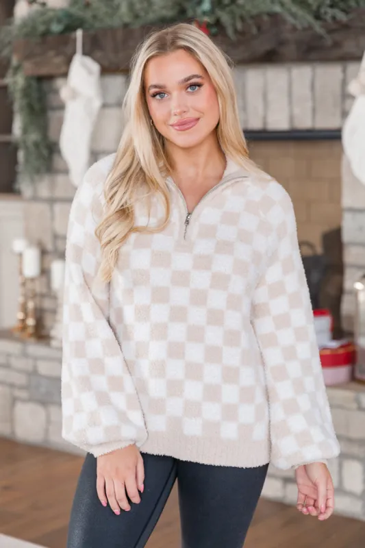 All Cozied Up Beige Fuzzy Checkered Quarter Zip Pullover FINAL SALE sold by Pink Lily