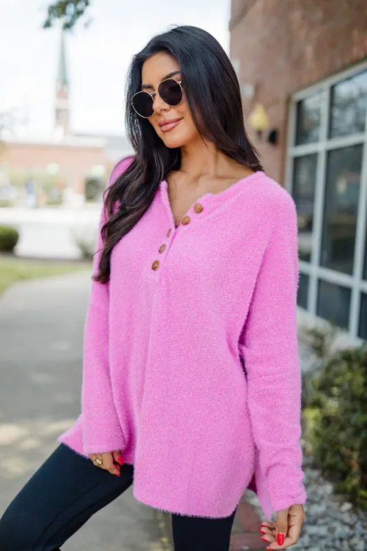 Thinking Of You Hot Pink Fuzzy Henley Sweater sold by Pink Lily