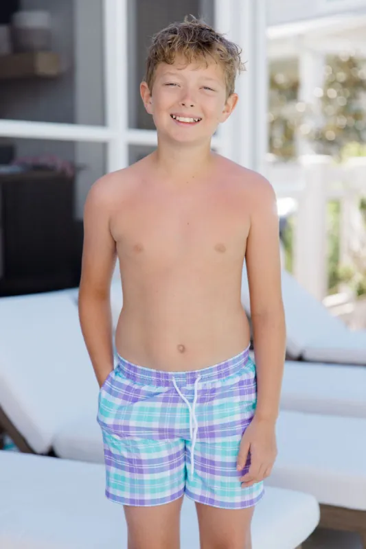 Boy's Seaside Swim Trunks In Tori Plaid Tori X Pink Lily sold by Pink Lily