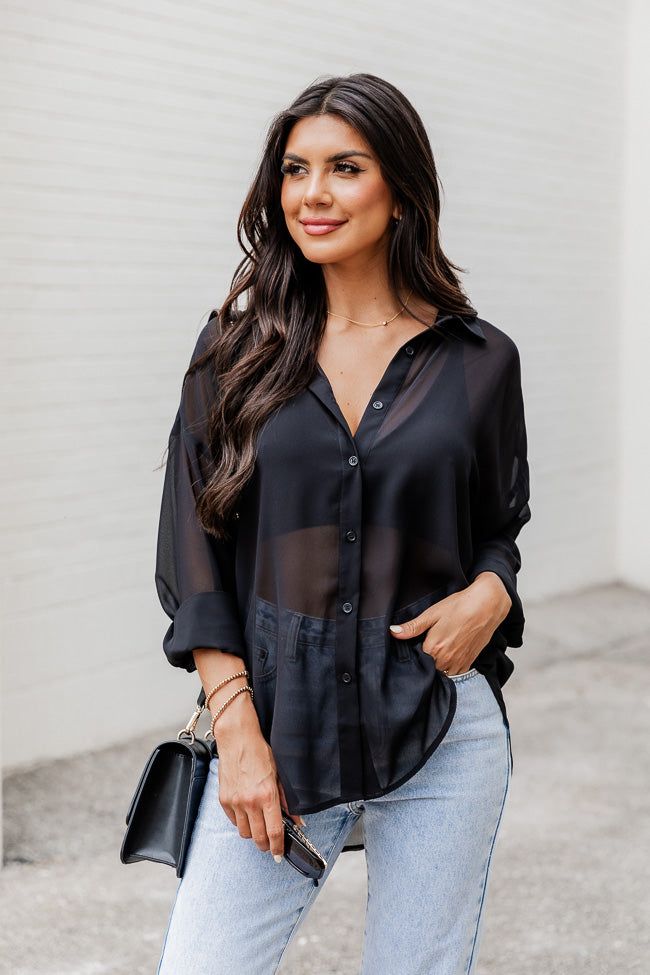 True To Yourself Black Sheer Button Front Blouse sold by Pink Lily
