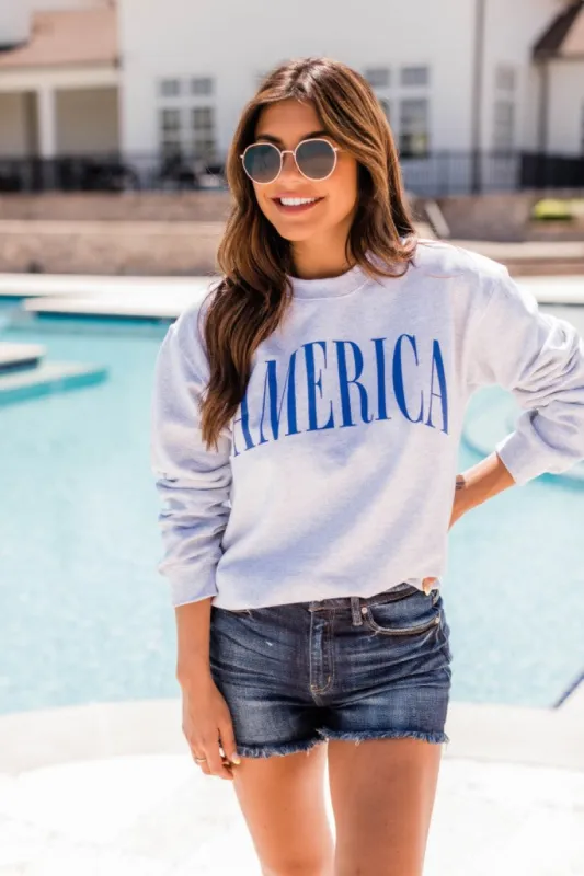 America Varsity Graphic Sweatshirt Ash sold by Pink Lily