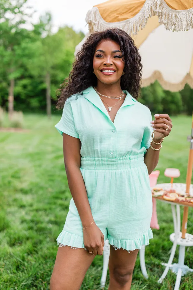 Stop And Stare Mint Flutter Hem Collared Romper FINAL SALE sold by Pink Lily