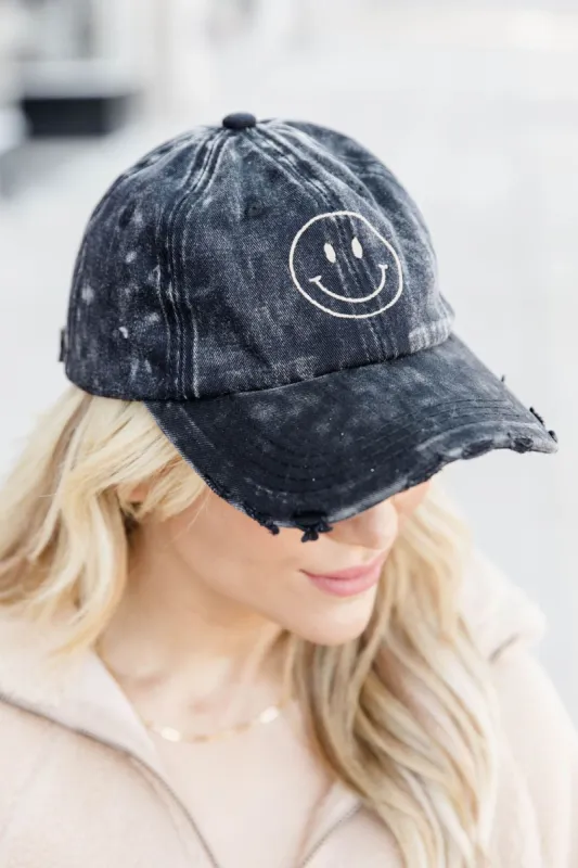 Smiley Face Black Acid Wash Cap FINAL SALE sold by Pink Lily