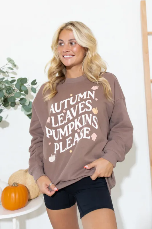 Autumn Leaves Pumpkin Please Mocha Oversized Graphic Sweatshirt sold by Pink Lily