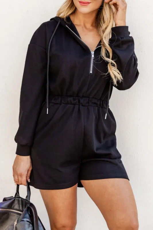 On The Move Black Hooded Quarter Zip Romper FINAL SALE sold by Pink Lily