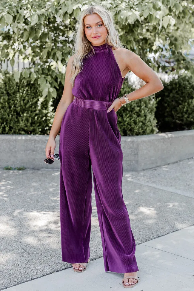 Glimmer Of Hope Plum Plisse Halter Neck Jumpsuit FINAL SALE sold by Pink Lily