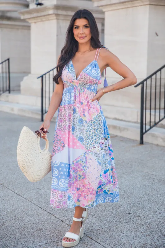 Out Of The Blue Sky Patchwork Print Maxi Dress SALE sold by Pink Lily