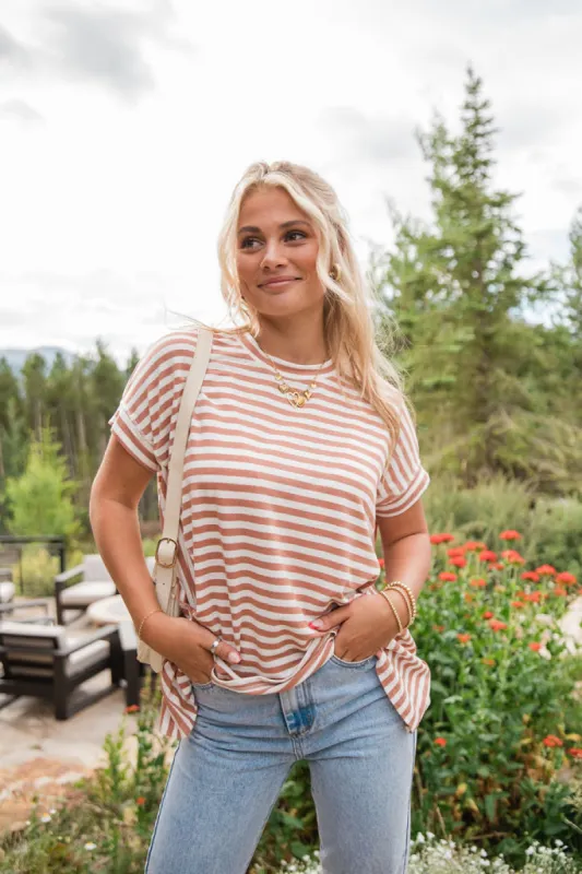 Had It All Tan and Ivory Oversized Stripe Tee sold by Pink Lily
