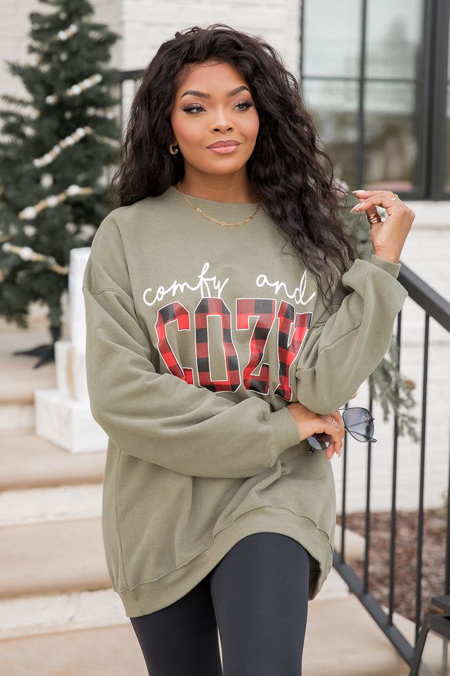 Comfy and Cozy Olive Oversized Graphic Sweatshirt DOORBUSTER sold by Pink Lily
