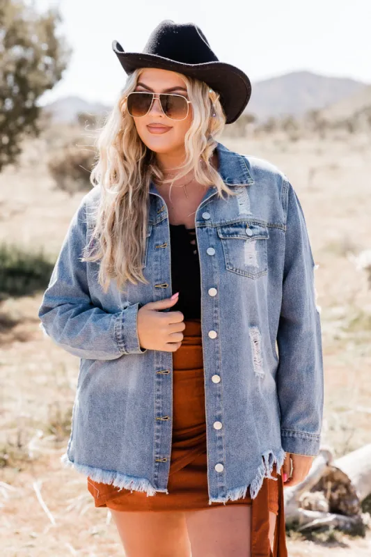 Wait Forever Distressed Raw Hem Oversized Denim Jacket FINAL SALE sold by Pink Lily
