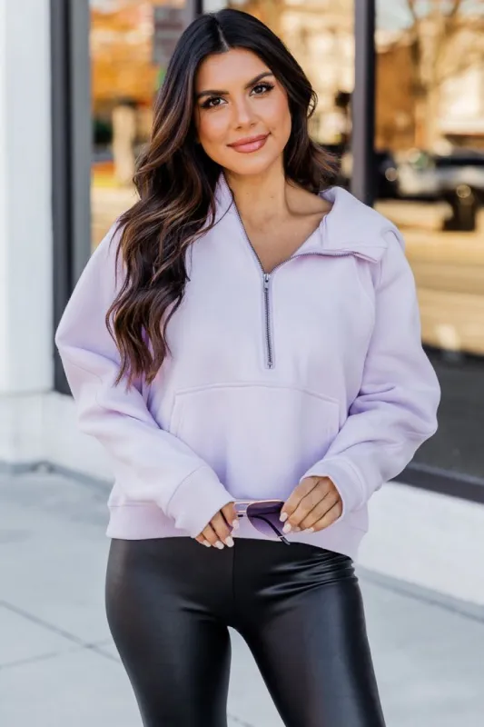 Making It Look Easy Lavender Ribbed Shoulder Quarter Zip Pullover sold by Pink Lily