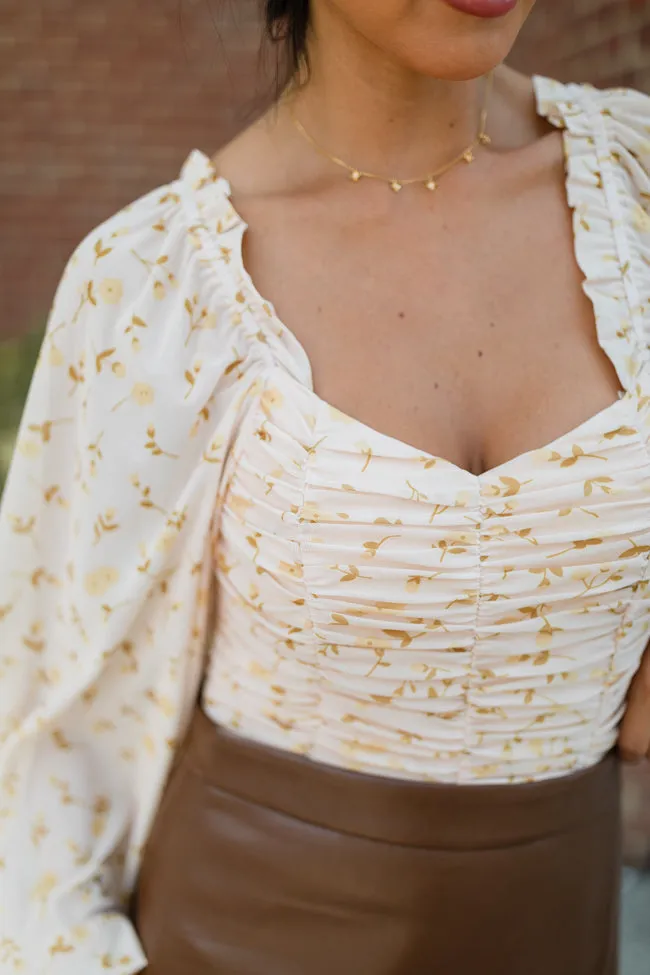 Show Me The Way Tan Ruched Balloon Sleeve Floral Bodysuit sold by Pink Lily product image thumbnail 3