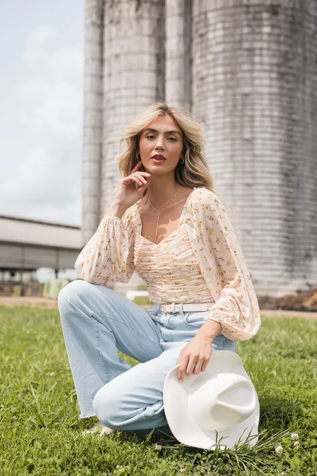 Show Me The Way Tan Ruched Balloon Sleeve Floral Bodysuit sold by Pink Lily