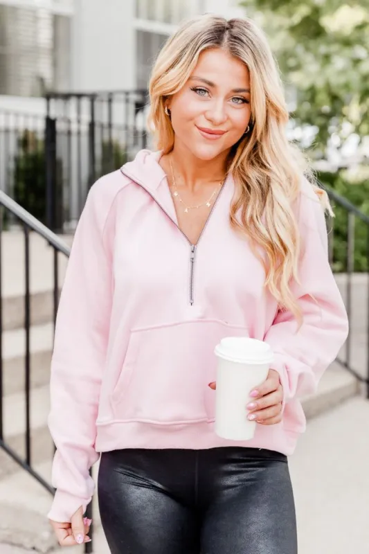 Making It Look Easy Light Pink Ribbed Shoulder Quarter Zip Pullover sold by Pink Lily