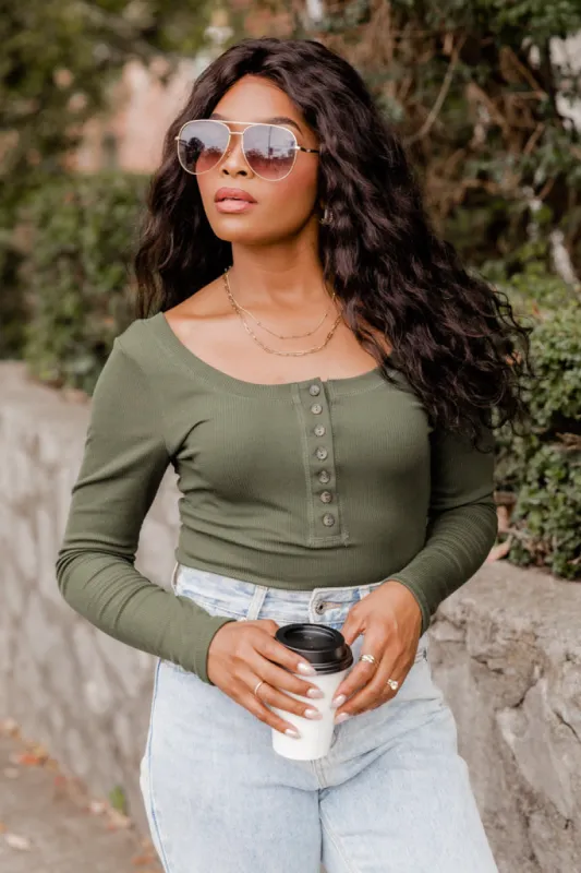 Talk About That Olive Henley Bodysuit FINAL SALE sold by Pink Lily