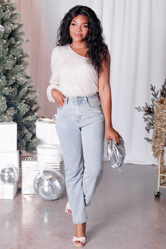 Bringing Good Cheer Champagne Sequin One Shoulder Bodysuit FINAL SALE sold by Pink Lily product image thumbnail 2