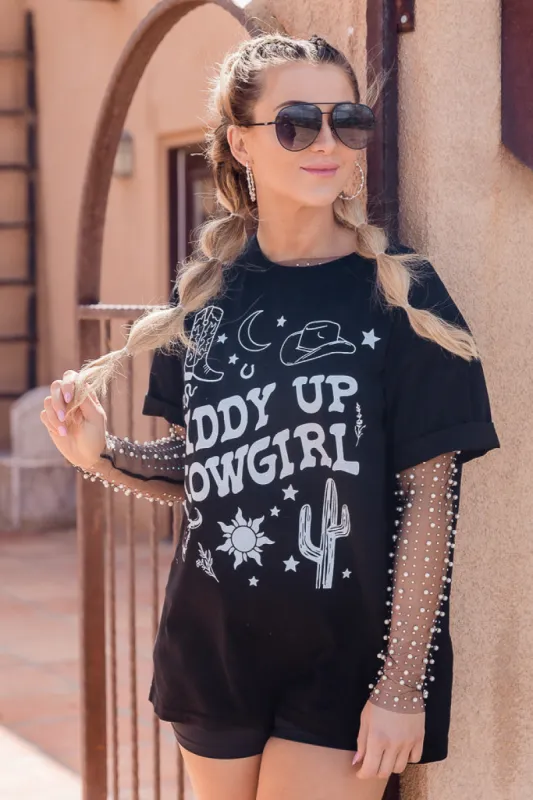 Giddy Up Black Oversized Graphic Tee sold by Pink Lily
