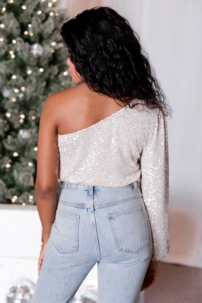 Bringing Good Cheer Champagne Sequin One Shoulder Bodysuit FINAL SALE sold by Pink Lily product image thumbnail 5